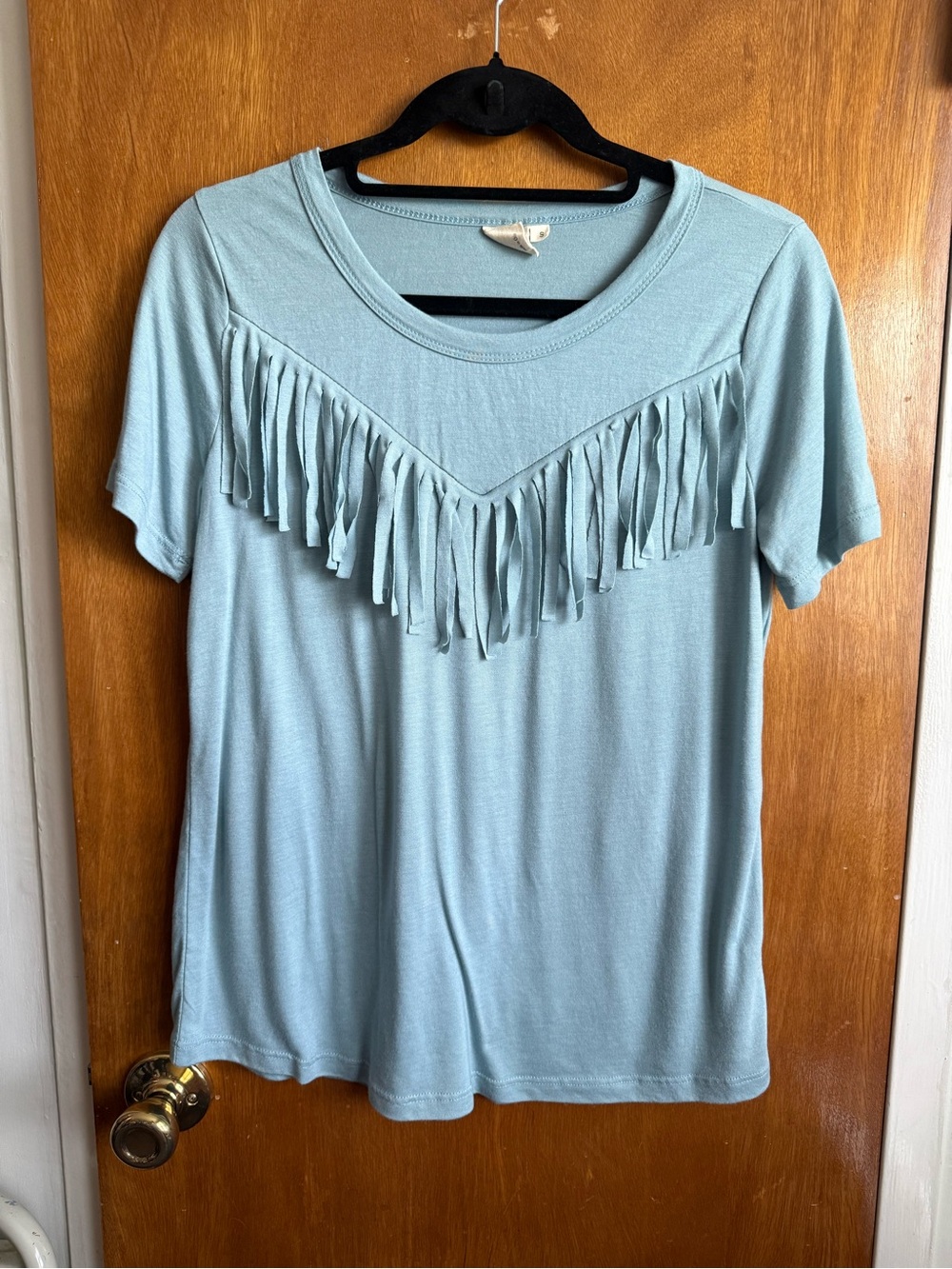 Western Fringed Short Sleeve Tee in Light Blue